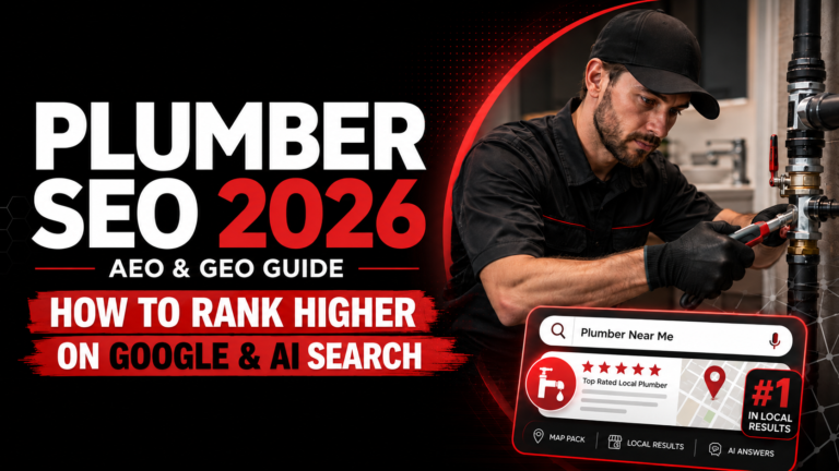 Plumber SEO 2026 guide showing a plumber working on pipes with text about SEO, AEO, and GEO for ranking higher on Google and AI search
