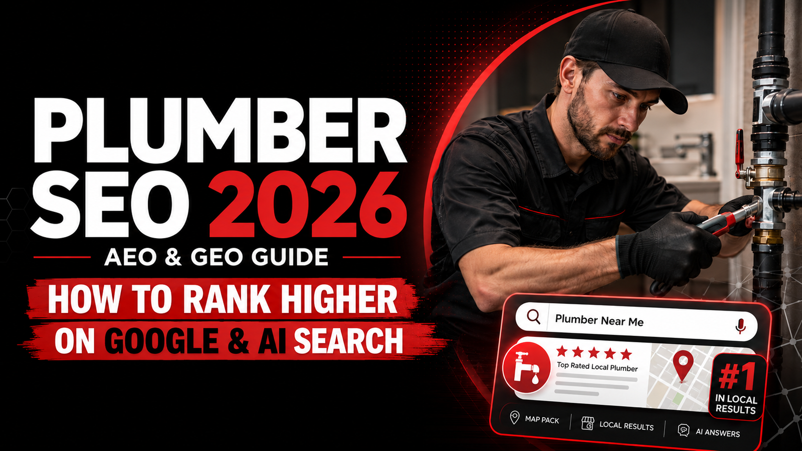 Plumber SEO 2026 guide showing a plumber working on pipes with text about SEO, AEO, and GEO for ranking higher on Google and AI search