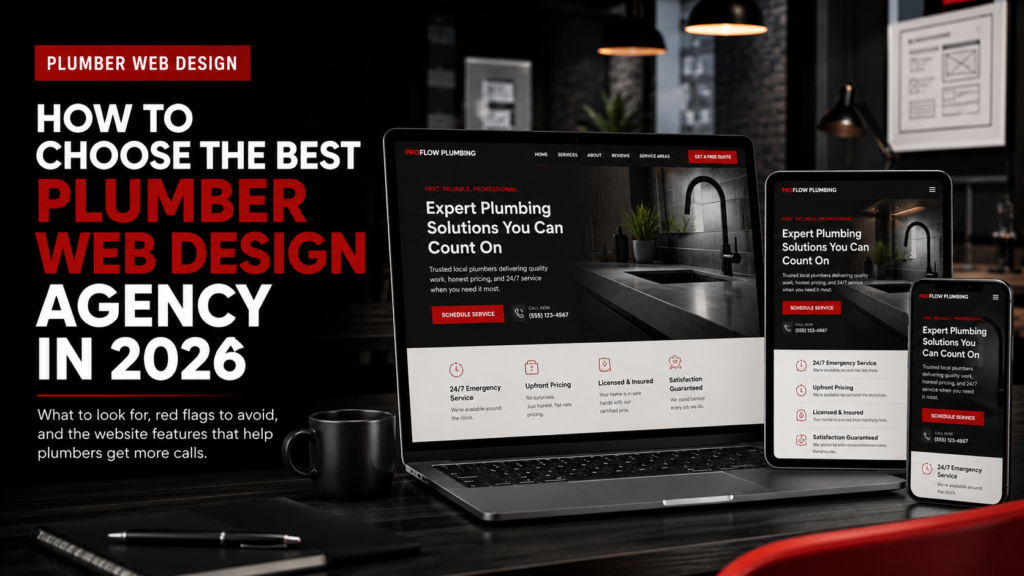 Modern plumber website design displayed on a laptop, tablet and mobile phone