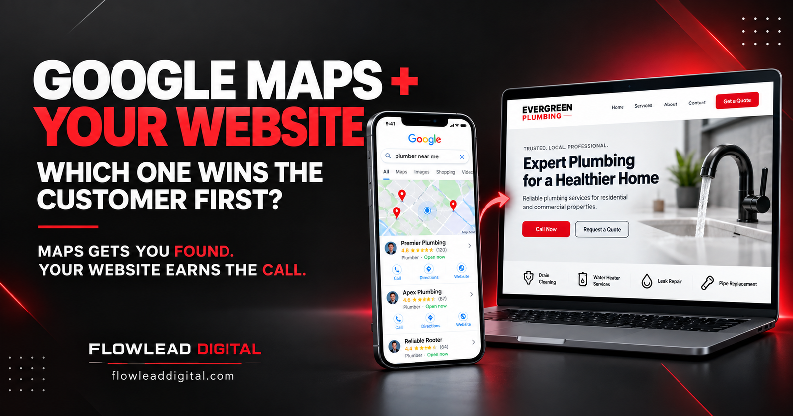 Google Maps and a plumbing website working together to improve plumber SEO and generate more customer calls.
