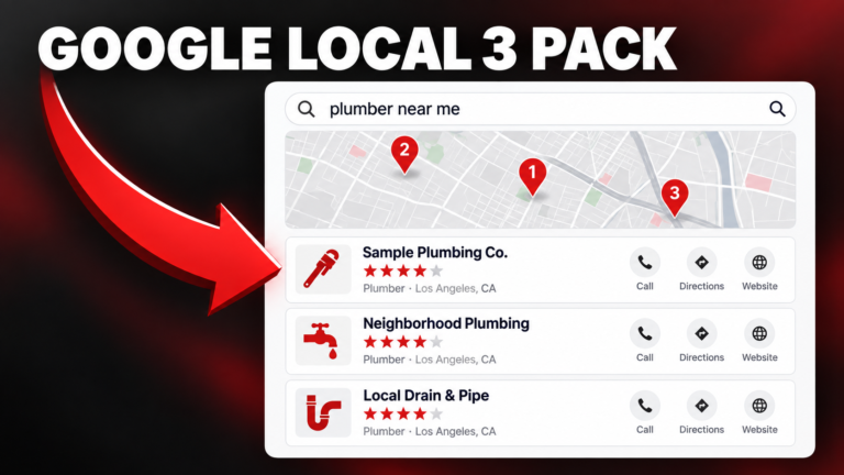 Illustration of three plumbing companies in Google’s local Map Pack for a “plumber near me” search, highlighted by a red arrow.