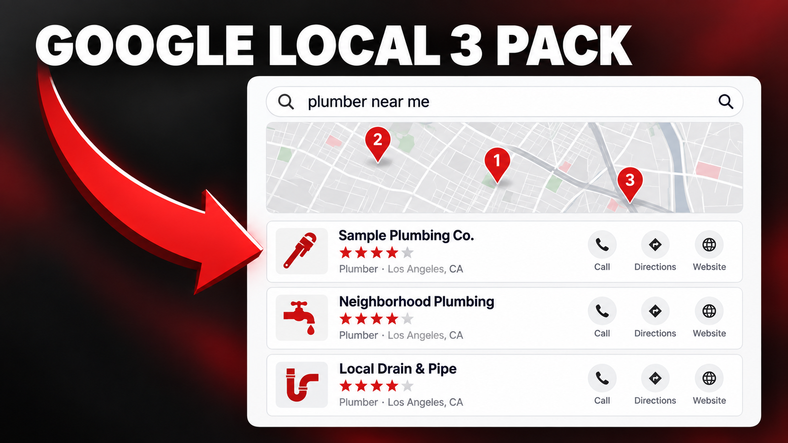 Illustration of three plumbing companies in Google’s local Map Pack for a “plumber near me” search, highlighted by a red arrow.